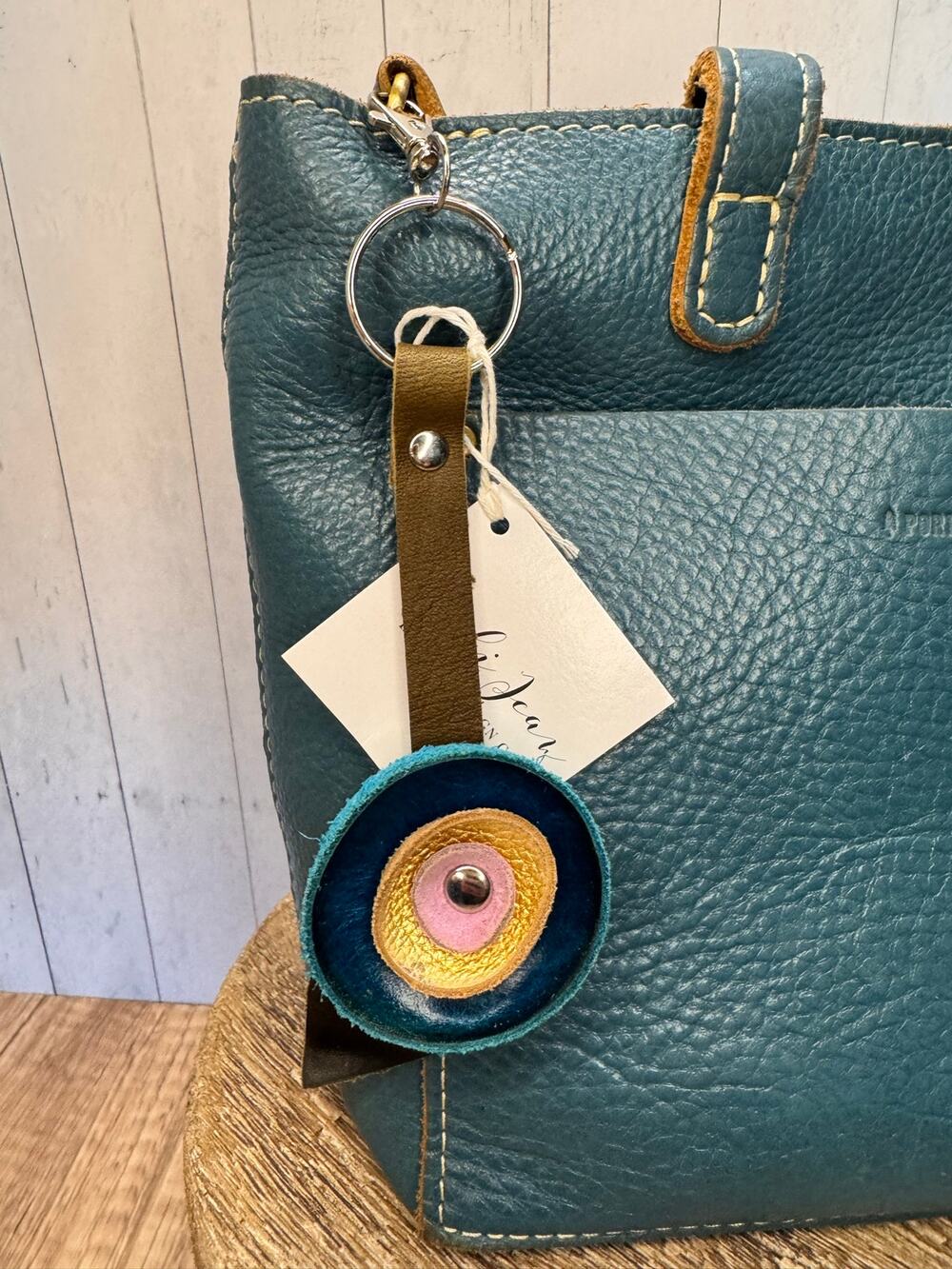 Genuine Leather Round Flower Purse Charm Blue Gold Lavender Boho Bag Charm